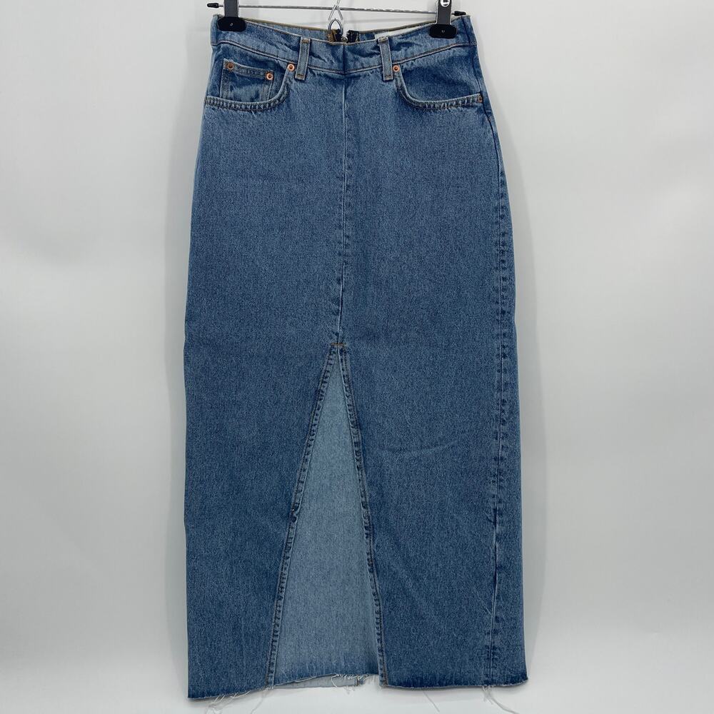 ZARA Women The 90s Y2K Collection Denim Midi Skirt Size S Blue Back Slit Pencil